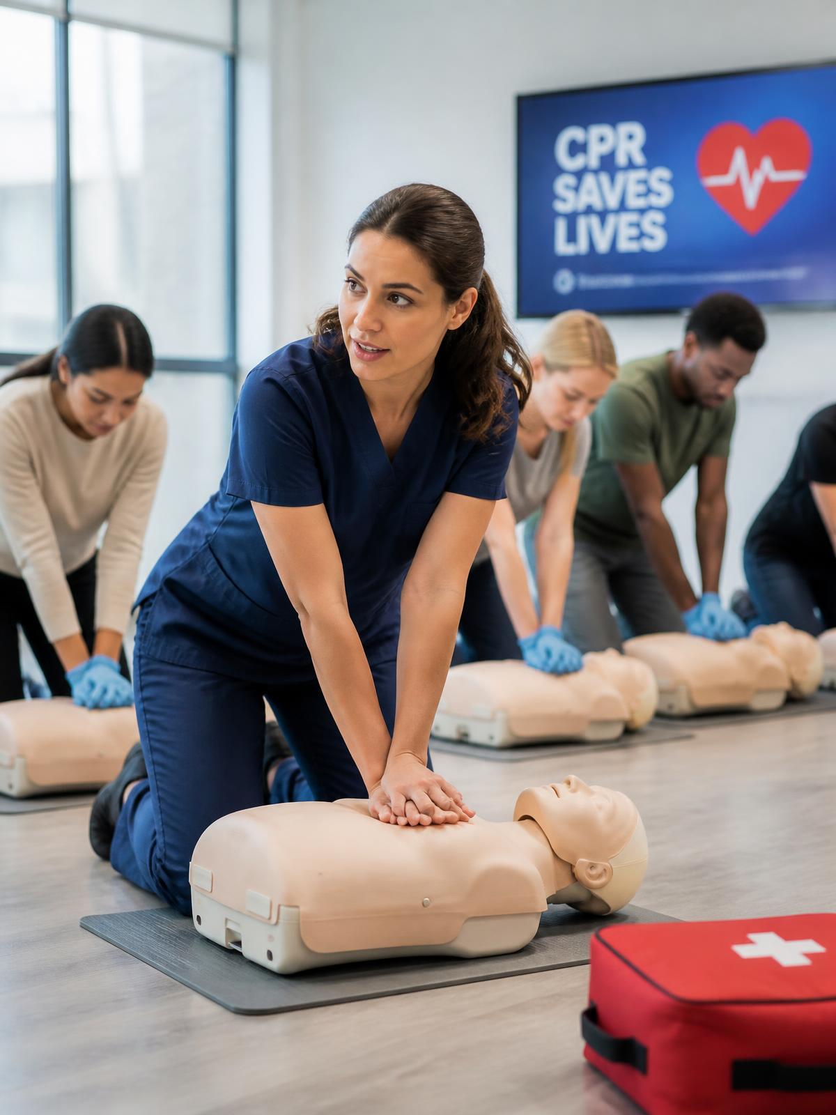 CPR instructor demonstrating chest compressions on a training manikin